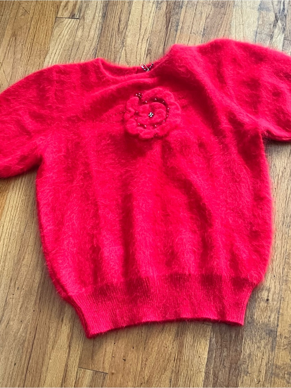 Vintage Red Fuzzy Crewneck Sweater with Flower Appliqué